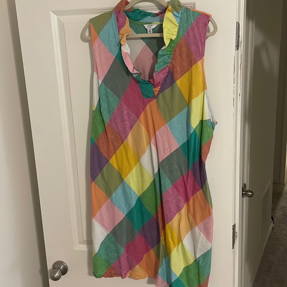 Crown & Ivy Ruffle Neck Linen Gingham Print Mini Dress size 4x